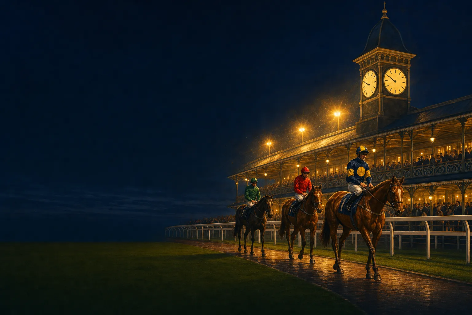 Racehorses walking past a floodlit Victorian grandstand at night