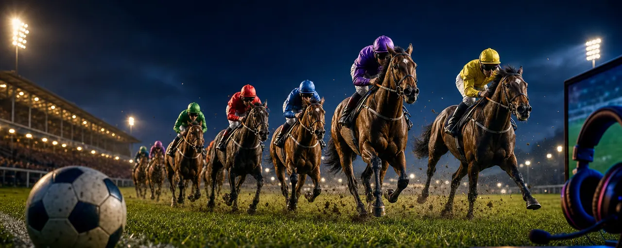 Racehorses charging under floodlights, a football on the turf and a gaming headset at the trackside (AI-generated image)