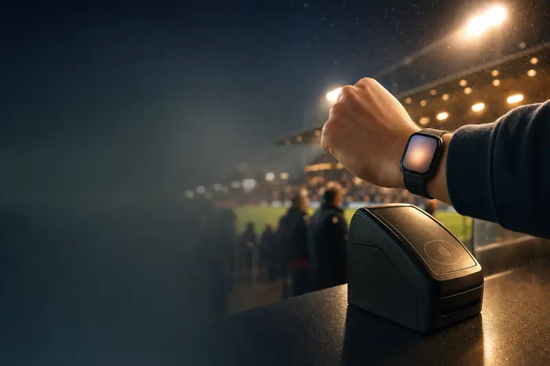 A wrist wearing a plain smartwatch held near a contactless reader at a floodlit stadium kiosk (AI-generated image)