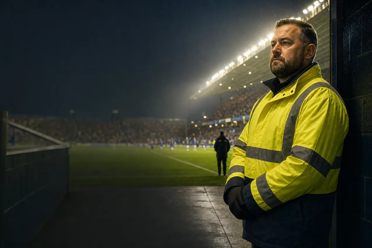 A steward in a high-visibility jacket standing calmly at a floodlit stadium tunnel gate, protective and reassuring (AI-generated image)