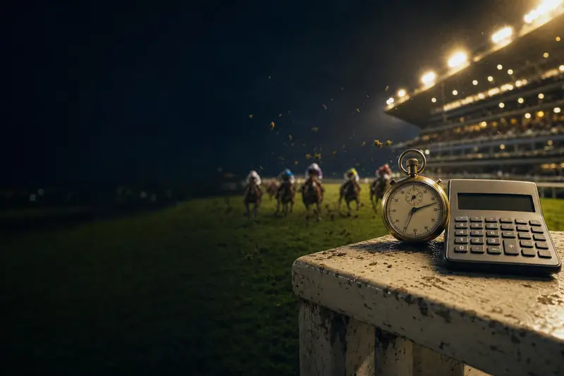 A brass stopwatch and a plain modern calculator with a blank display resting on a weathered white racecourse rail at night, horses blurred behind (AI-generated image)