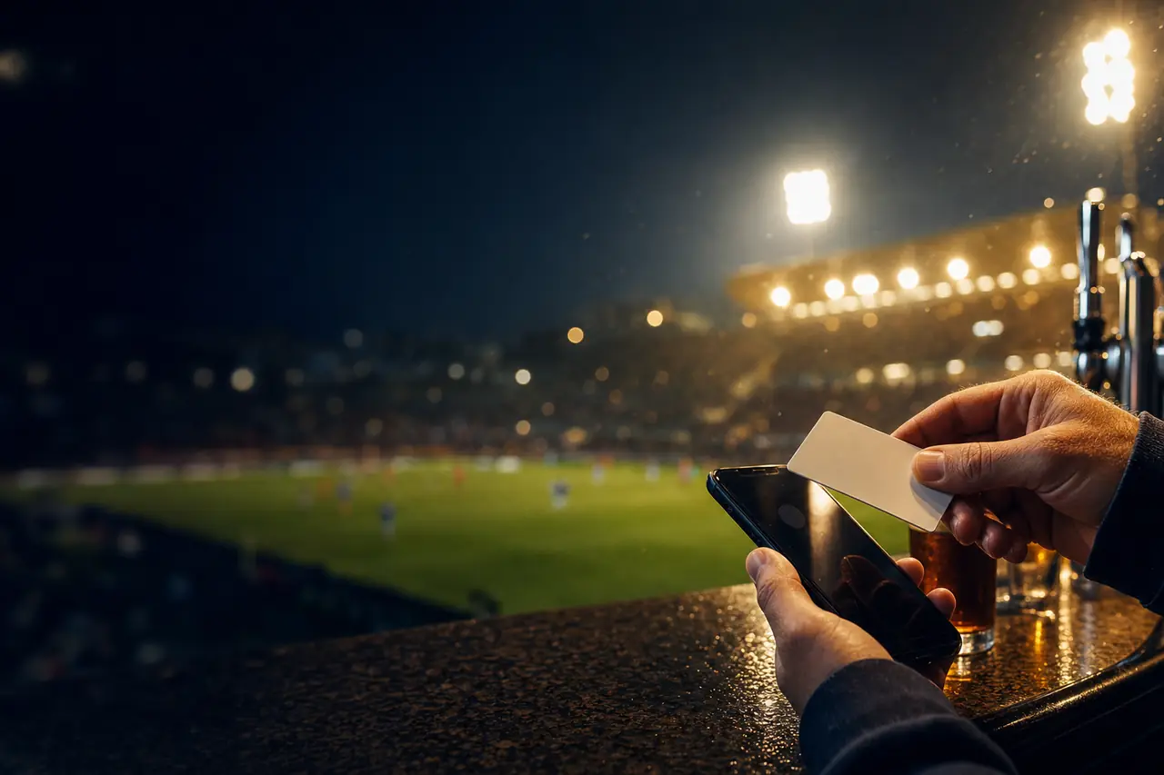 A hand tapping a plain contactless card against a phone on a stadium bar counter at night, floodlights as bokeh behind (AI-generated image)
