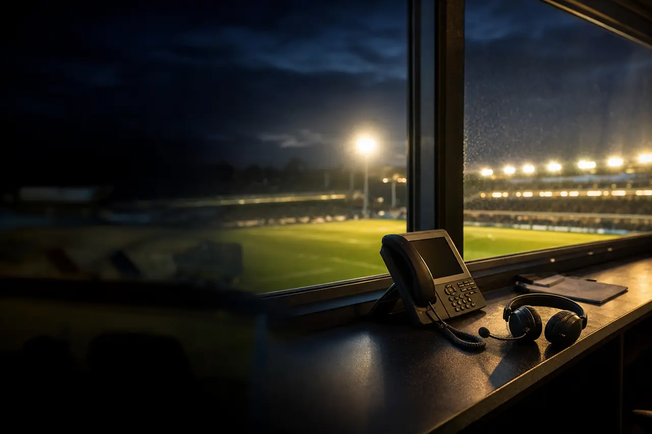 A stadium press box at night with a headset and a desk phone on the counter, the floodlit pitch through the glass (AI-generated image)