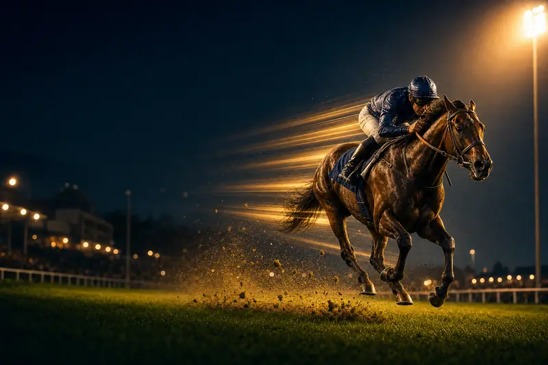 A racehorse and jockey at full gallop with long golden light trails streaking behind them, conveying pure speed (AI-generated image)