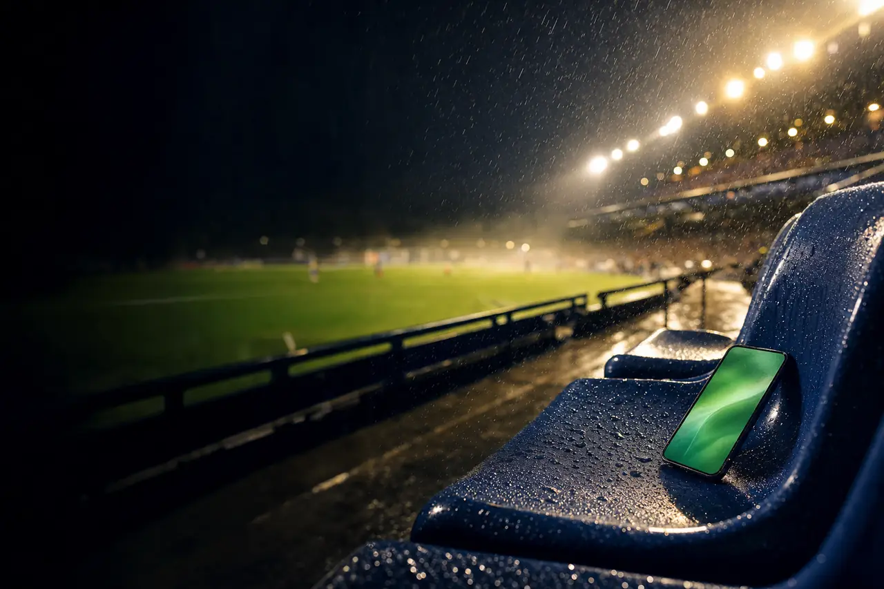 A smartphone resting on a wet stadium seat in the rain, its screen a soft abstract green glow, the floodlit pitch blurred beyond (AI-generated image)