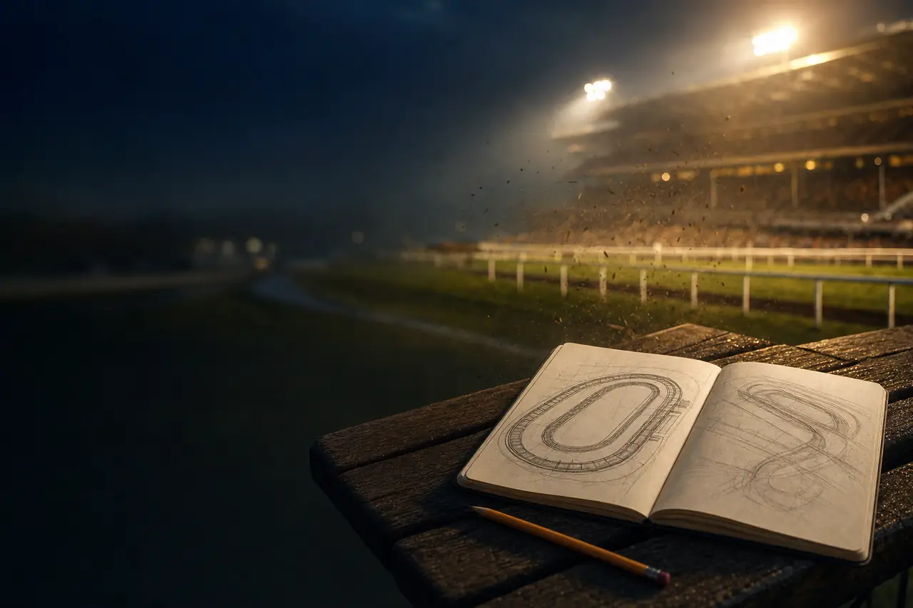 An open notebook with pencil sketches of a racetrack layout and a pencil on a wooden grandstand bench, stadium floodlights blurred behind (AI-generated image)