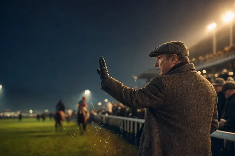 A racecourse bookmaker in a flat cap and long coat by the floodlit rail at dusk, raising one gloved hand in a signal to a colleague, racegoers and horses blurred behind (AI-generated image)