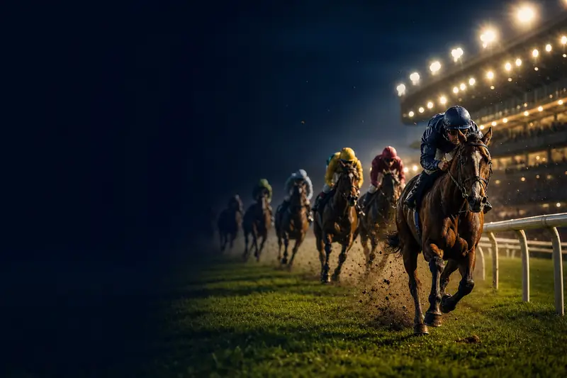 A field of racehorses rounding the final bend of a floodlit racecourse, the leaders and chasers strung out (AI-generated image)