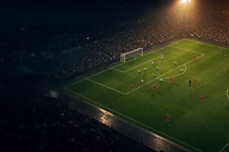 A high view of a floodlit football pitch at night, one team in red pressing forward while the other defends its penalty area (AI-generated image)