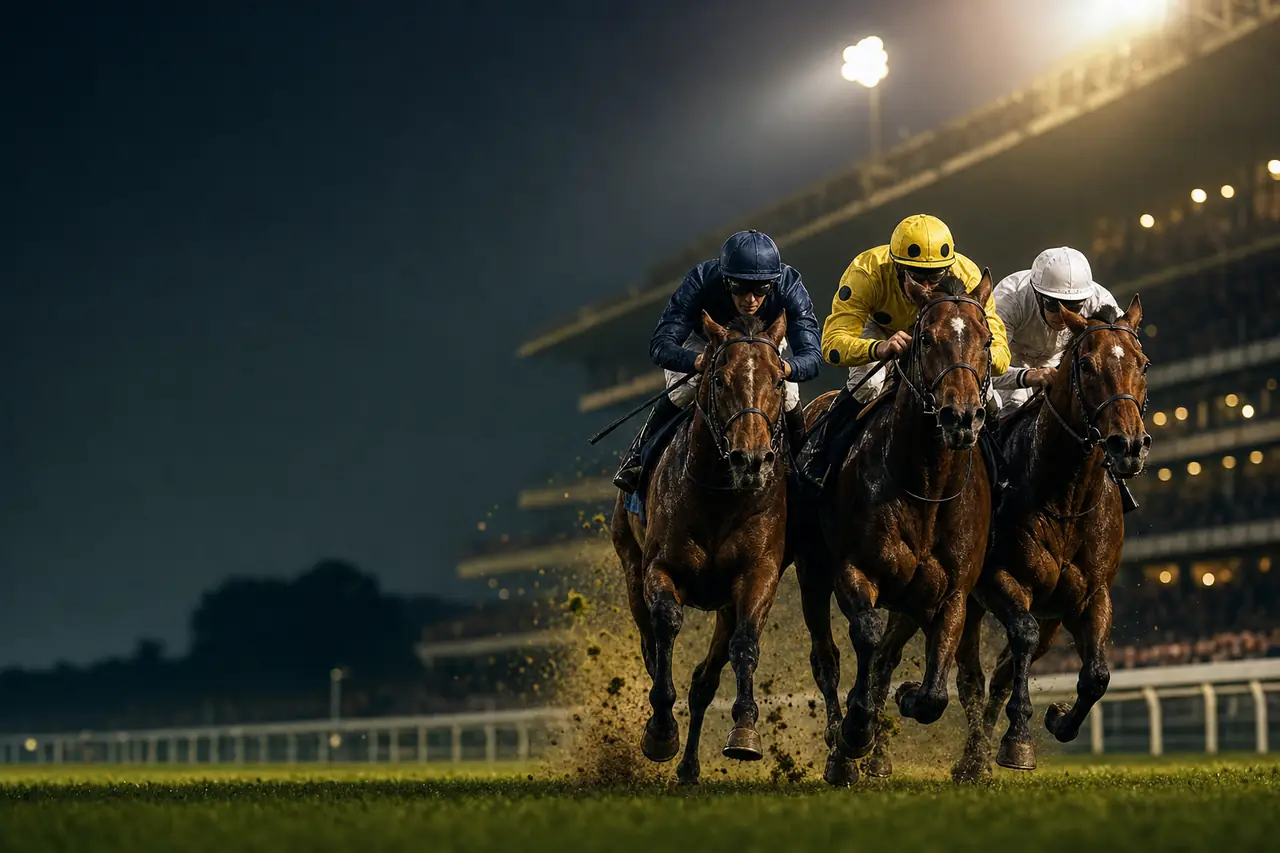 Three racehorses crossing the finish line neck and neck under floodlights (AI-generated image)