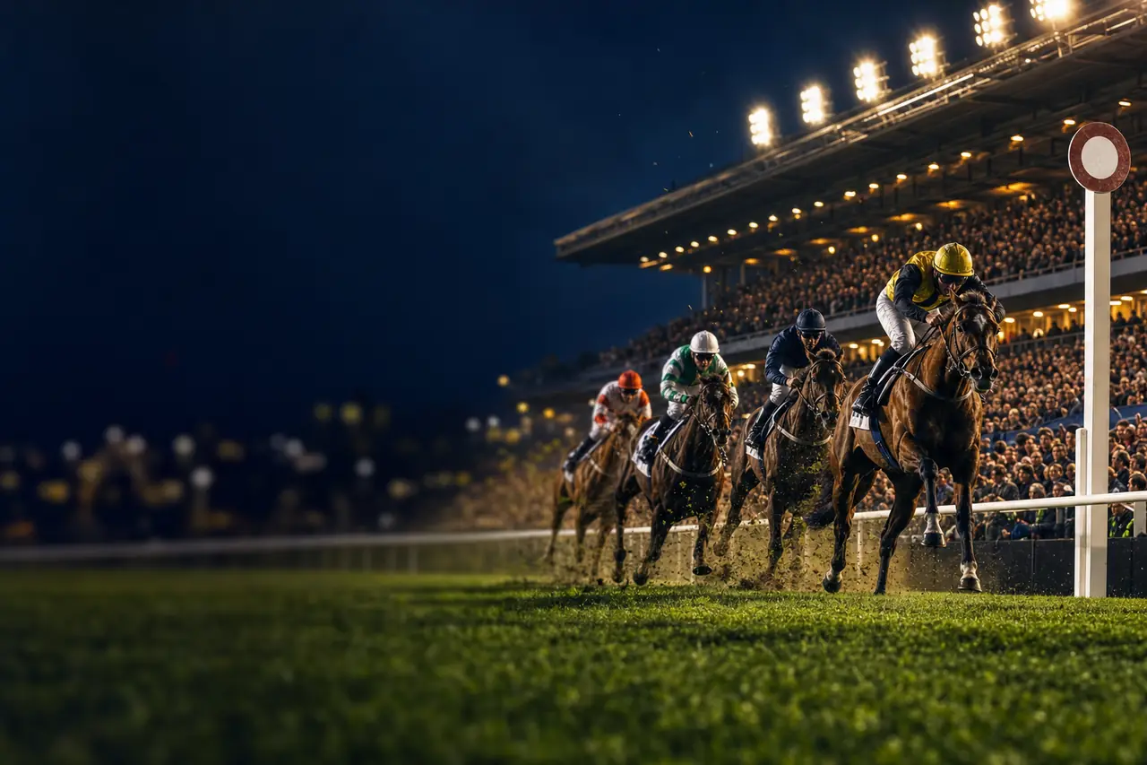 A packed festival grandstand at dusk with horses thundering past the winning post, plain coloured bunting, golden evening light (AI-generated image)