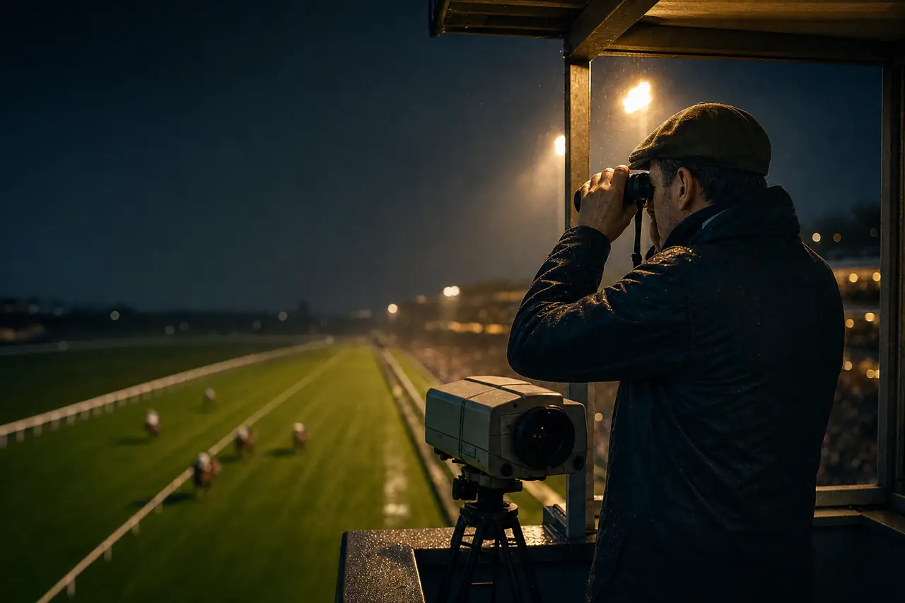 A race judge in a raised judging box with binoculars watching the finish line of a floodlit racecourse, photo-finish camera beside him (AI-generated image)