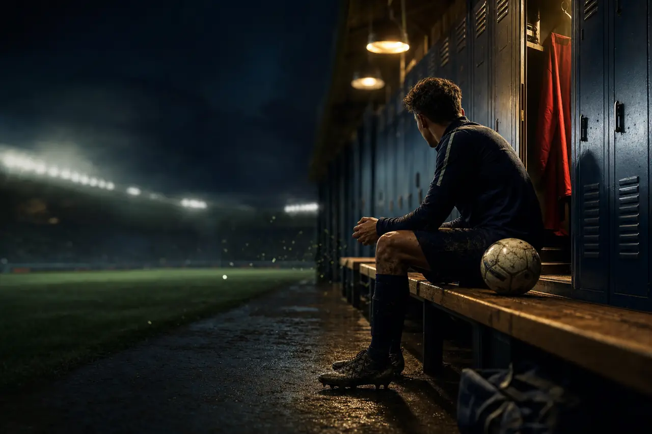 A footballer resting on a bench beside a row of navy lockers, a red shirt hanging in an open locker, the floodlit pitch beyond (AI-generated image)