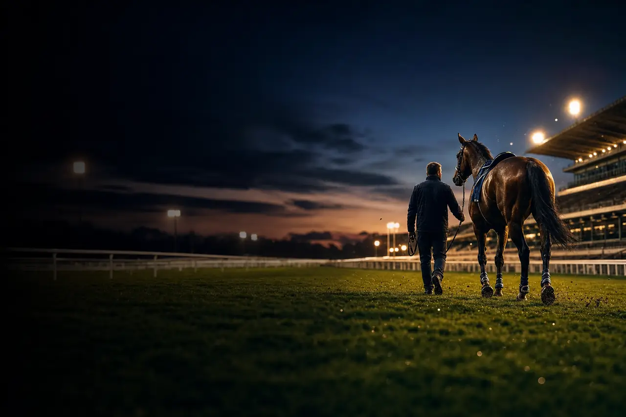A single racehorse being led calmly onto a vast empty floodlit racecourse at dusk by a groom (AI-generated image)