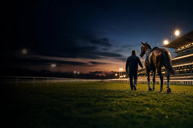 A single racehorse being led calmly onto a vast empty floodlit racecourse at dusk by a groom (AI-generated image)
