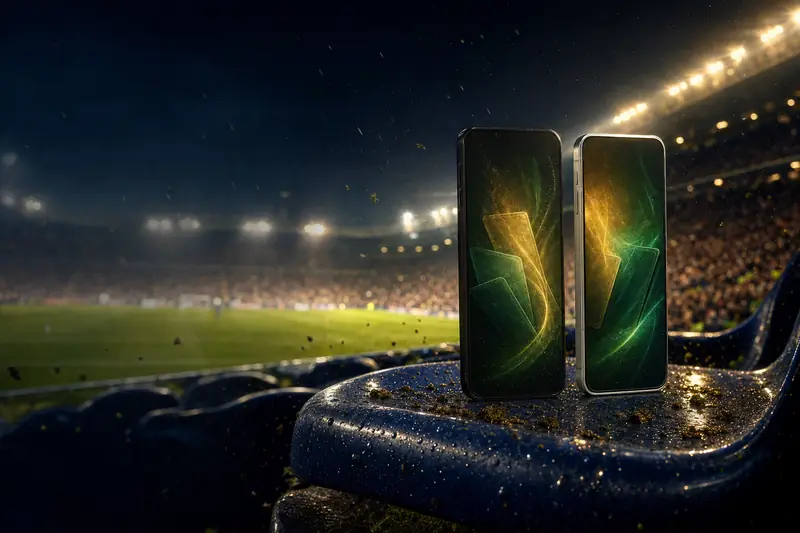 Two smartphones standing on a wet floodlit stadium seat, their screens glowing green and gold (AI-generated image)