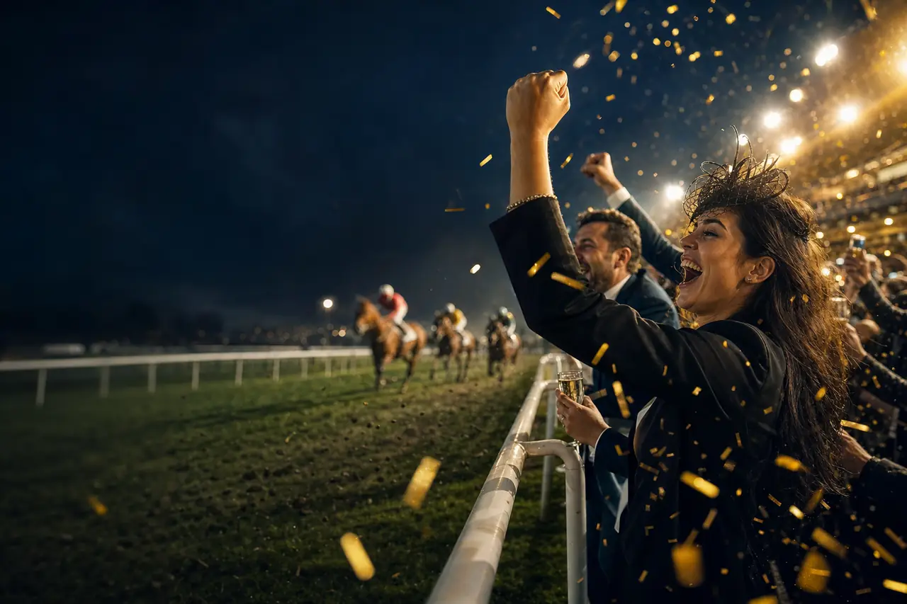 Racegoers celebrating at a floodlit racecourse rail as golden confetti and sparks drift through the air, horses thundering past in the background (AI-generated image)