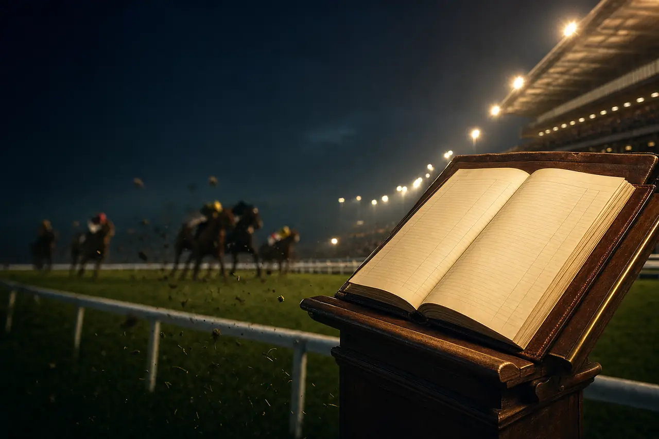 A grand leather-bound register book lying open on a wooden lectern beside a floodlit racecourse rail, blank ruled pages glowing warm, racehorses blurred in the background (AI-generated image)
