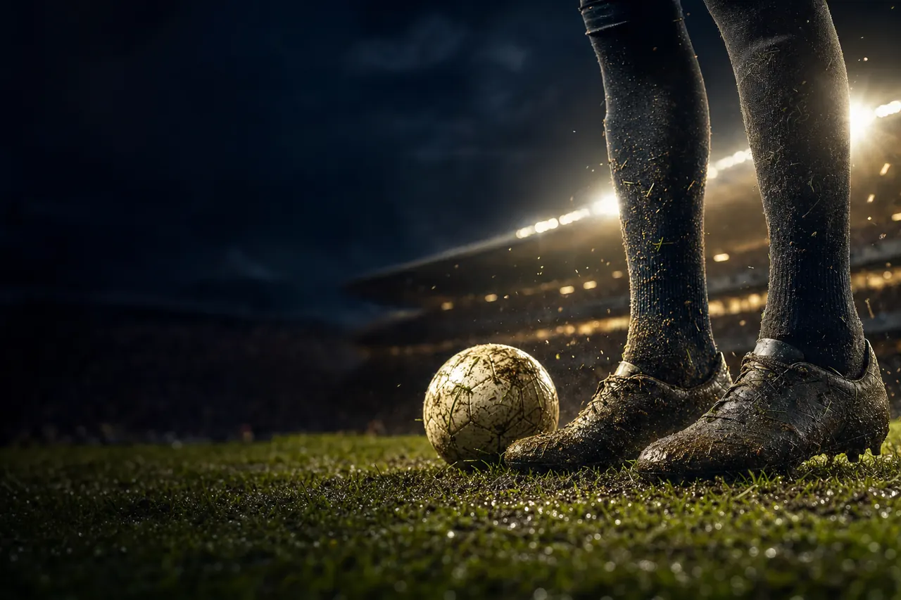 Muddy football boots beside a ball on wet grass, a floodlit stadium blurred behind (AI-generated image)