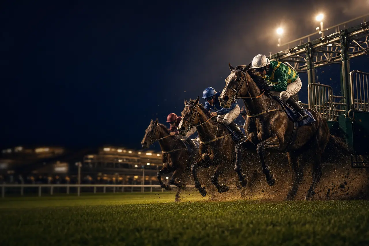Racehorses bursting out of the starting stalls under floodlights, jockeys crouched low, dirt spraying (AI-generated image)
