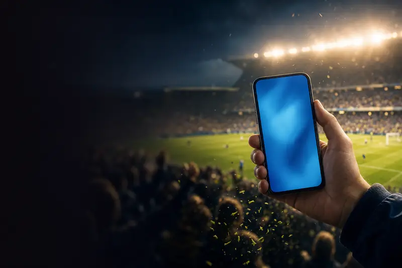 A hand holding a smartphone at a floodlit football stadium, the screen a soft abstract blue glow with no interface details, crowd and pitch blurred behind (AI-generated image)
