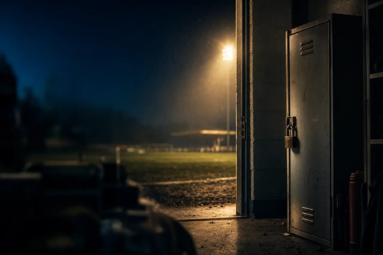 A closed steel locker with a sturdy padlock in a dim kit room, a slice of floodlight through a doorway (AI-generated image)