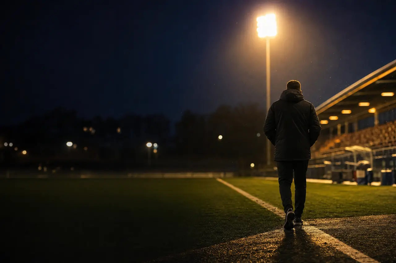 A calm floodlit football pitch at dusk, a single figure walking away along the touchline, quiet and reflective, warm light (AI-generated image)