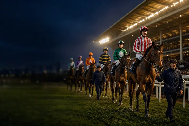 Jockeys in bright racing silks parading their horses past a floodlit grandstand at dusk (AI-generated image)