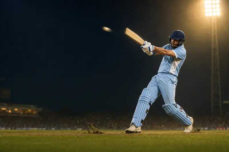 A cricketer driving the ball under floodlights at a night match, the ball a streak of light (AI-generated image)