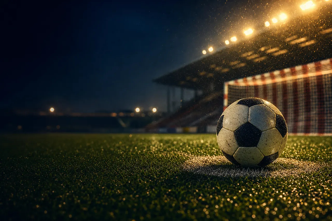 A football on the penalty spot of a floodlit pitch, a red and white goal net blurred behind (AI-generated image)