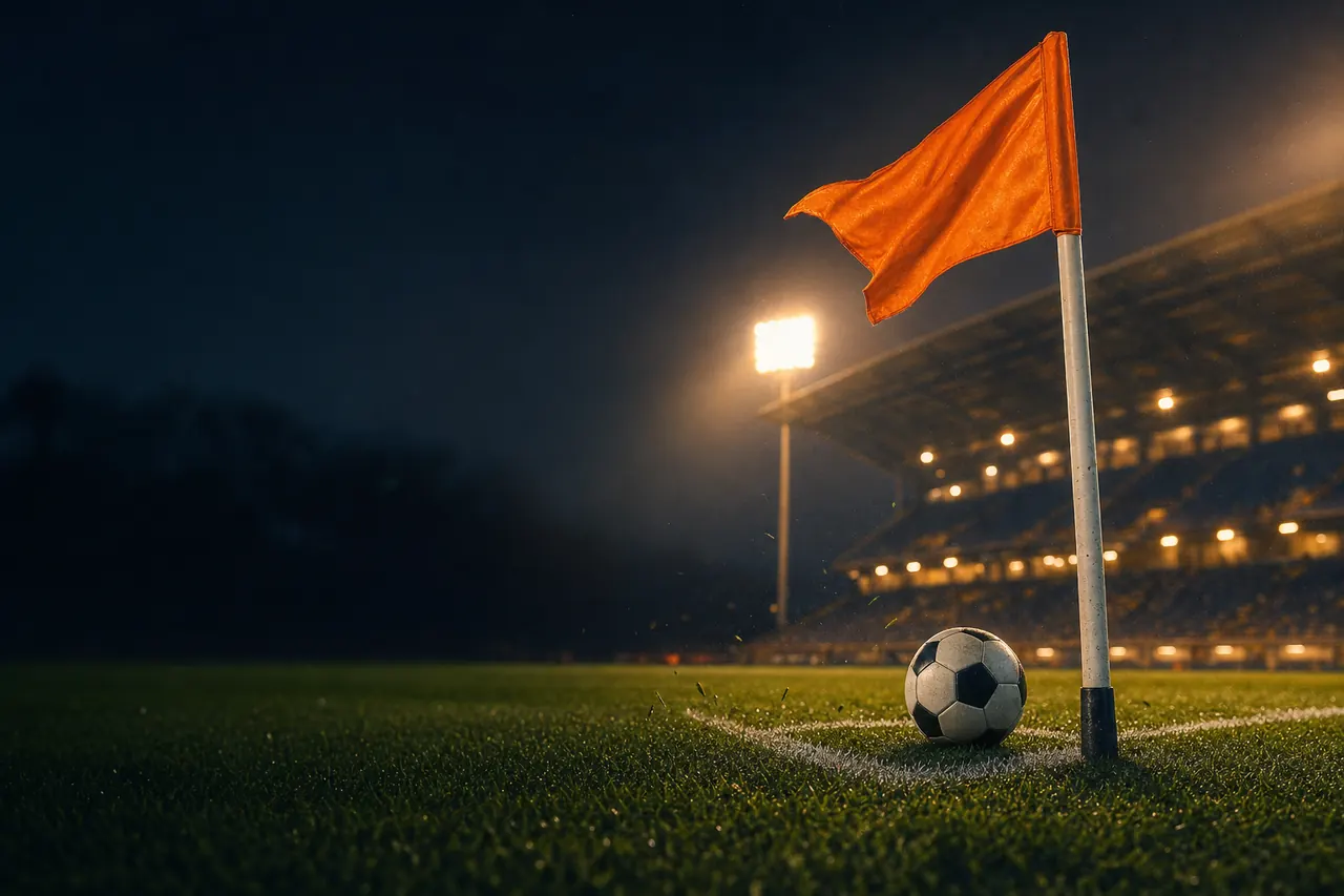 An orange corner flag and a football on the corner arc of a floodlit pitch at night (AI-generated image)