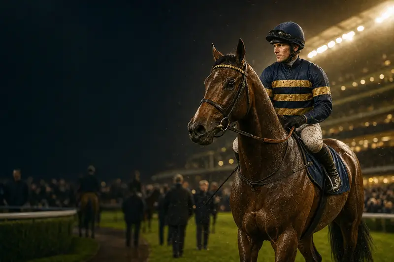 A jockey in navy silks with gold hoops on a powerful bay horse in the parade ring of a grand floodlit racecourse (AI-generated image)