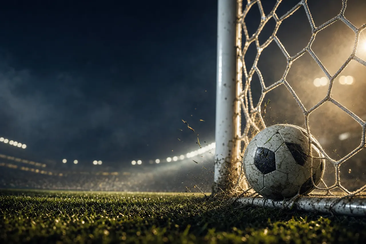 A football in the bottom corner of a goal net under misty floodlights, seen from inside the goal (AI-generated image)