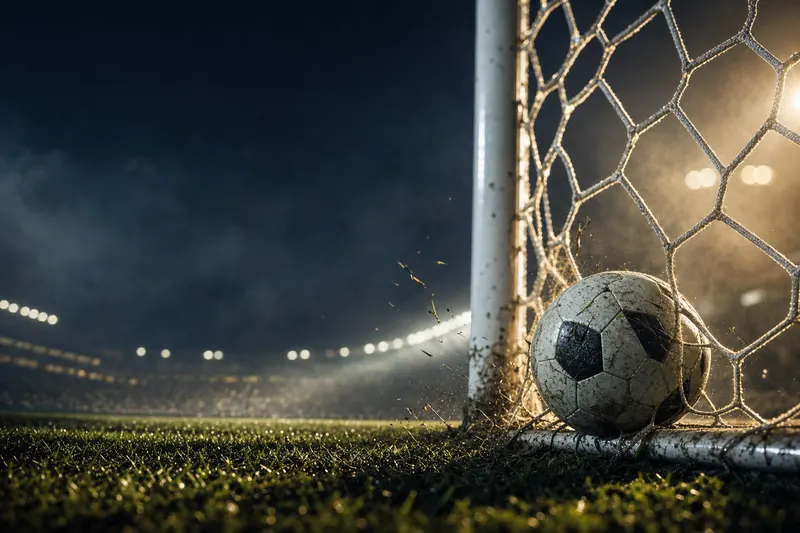 A football in the bottom corner of a goal net under misty floodlights, seen from inside the goal (AI-generated image)