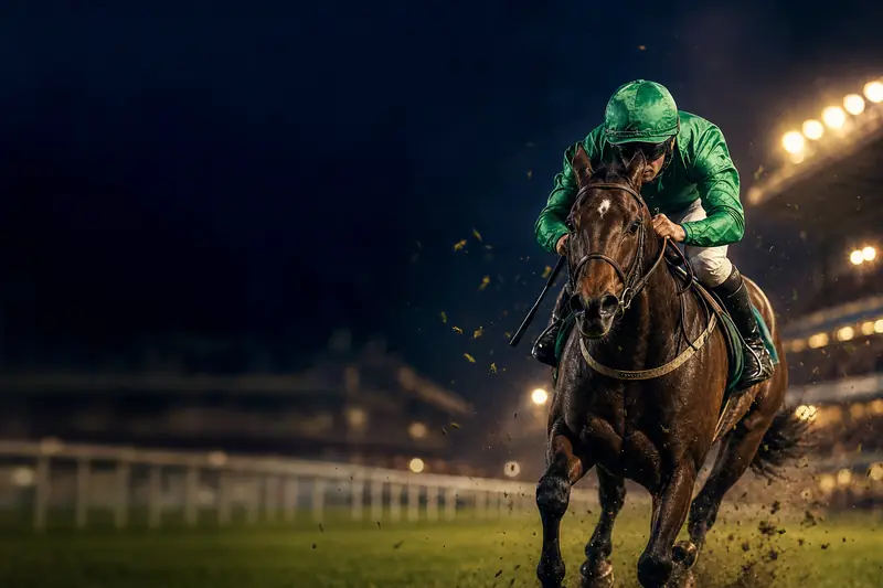 A jockey in emerald green silks racing at speed along a floodlit straight (AI-generated image)