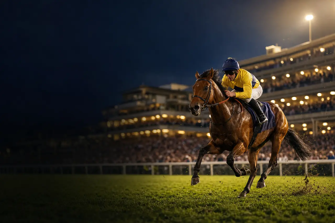 A jockey in yellow silks galloping a bay racehorse along the floodlit home straight past the grandstand (AI-generated image)