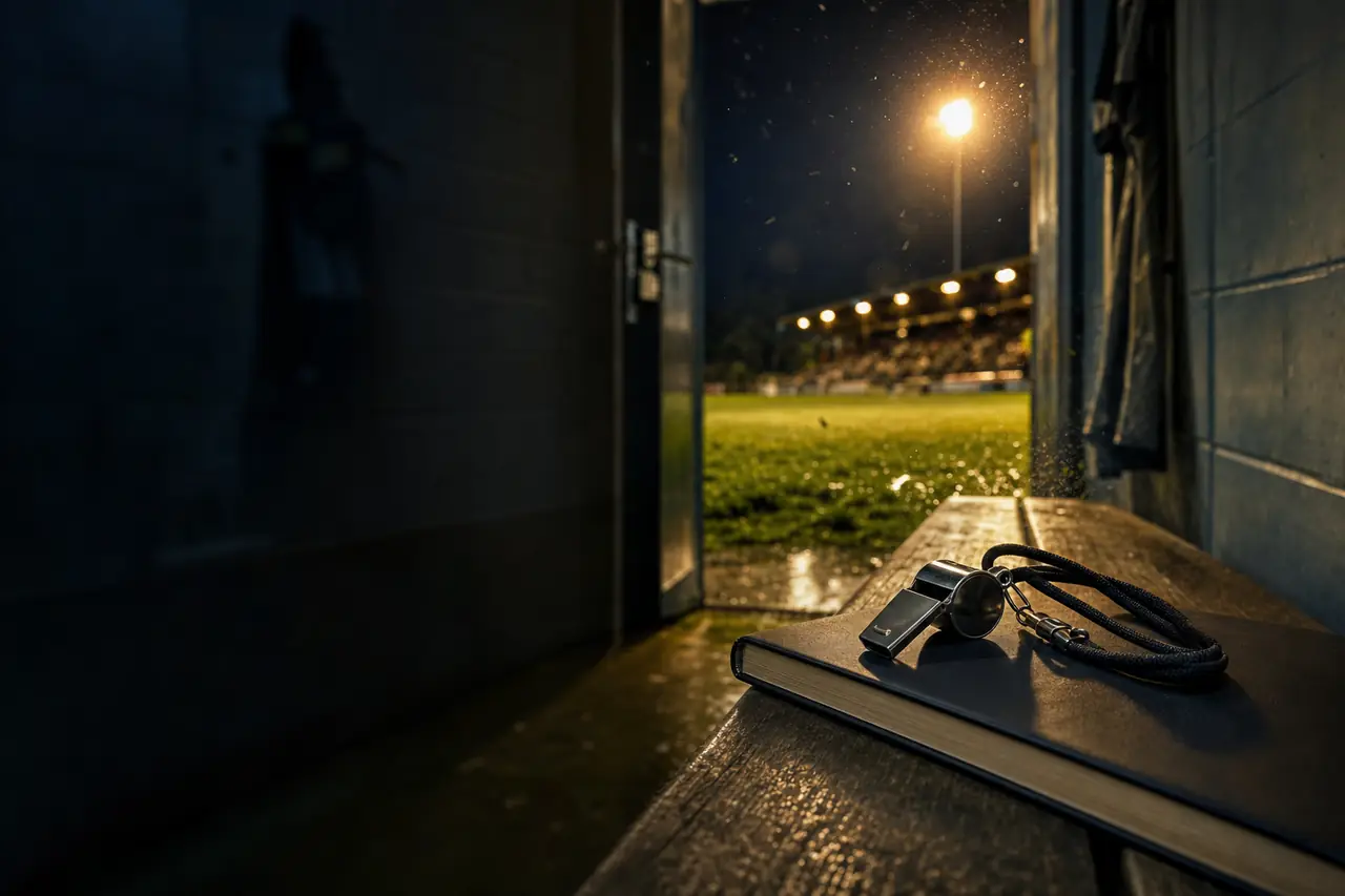 A referee's whistle on a lanyard resting on a closed plain notebook on a changing-room bench, floodlit pitch through an open door (AI-generated image)