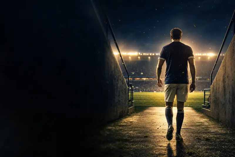 A footballer walking down a lit tunnel straight towards a floodlit pitch (AI-generated image)