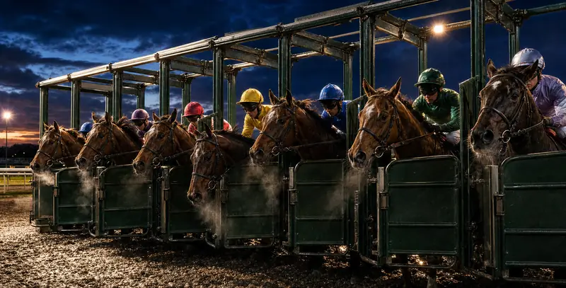 Racehorses waiting in the starting stalls before the off