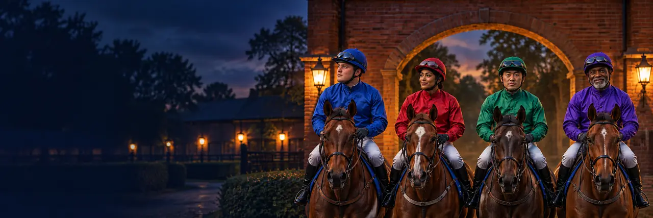 Four different jockeys in blue, red, green and purple silks on horseback in front of the same brick stable-yard archway at dusk (AI-generated image)